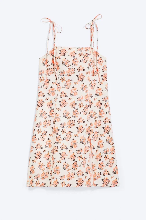 Midi Square Neck Slit Dress – White – Pink Floral Midi Square Neck Slit Dress – White – Pink Floral