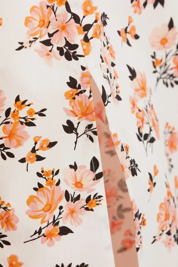 Midi Square Neck Slit Dress – White – Pink Floral Midi Square Neck Slit Dress – White – Pink Floral