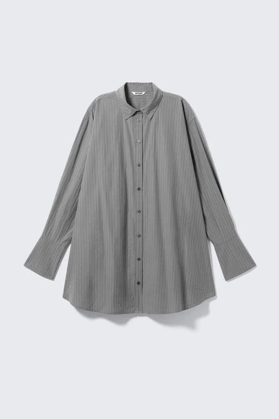 Mini Cotton Poplin Shirt Dress – Striped Grey Mini Cotton Poplin Shirt Dress – Striped Grey