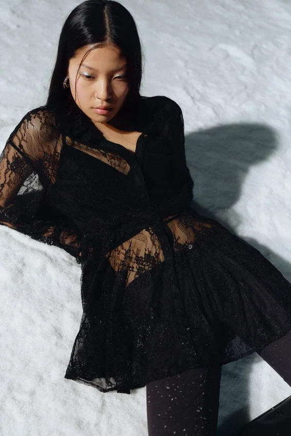 Mini Lace Shirt Dress – Black Mini Lace Shirt Dress – Black