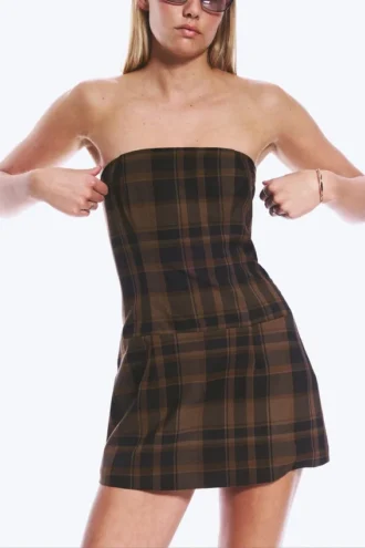 Mini Tube Suiting Dress – Checked Dark Brown