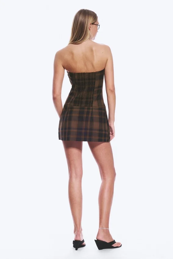 Mini Tube Suiting Dress – Checked Dark Brown Mini Tube Suiting Dress – Checked Dark Brown