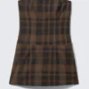 Mini Tube Suiting Dress – Checked Dark Brown Mini Tube Suiting Dress – Checked Dark Brown