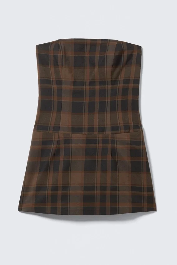 Mini Tube Suiting Dress – Checked Dark Brown Mini Tube Suiting Dress – Checked Dark Brown