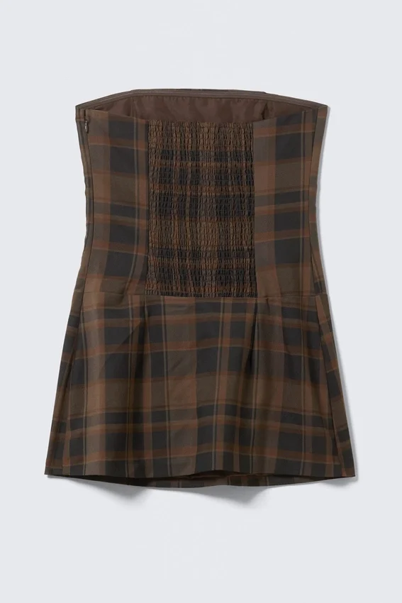 Mini Tube Suiting Dress – Checked Dark Brown Mini Tube Suiting Dress – Checked Dark Brown