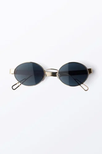Minimal Metal Oval Sunglasses – Golden – Dark Blue Lenses