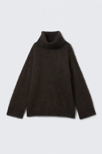 Mohair-Blend Funnel Neck Sweater – Dark Brown Melange