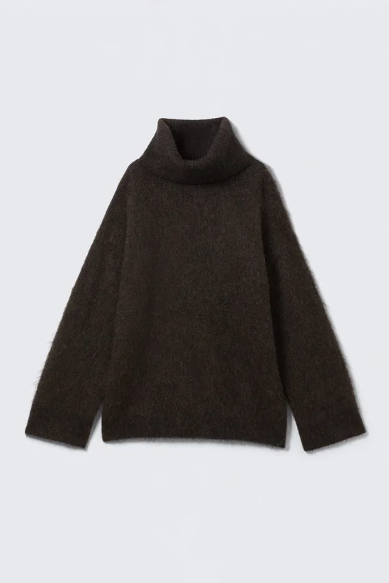 Mohair-Blend Funnel Neck Sweater – Dark Brown Melange Mohair-Blend Funnel Neck Sweater – Dark Brown Melange