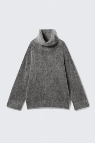 Mohair-Blend Funnel Neck Sweater – Dark Grey Melange Mohair-Blend Funnel Neck Sweater – Dark Grey Melange