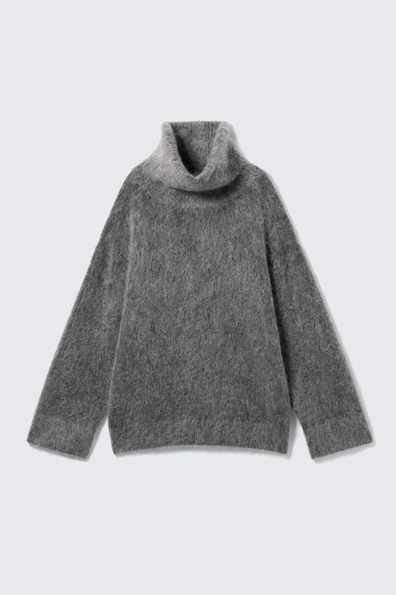Mohair-Blend Funnel Neck Sweater – Dark Grey Melange Mohair-Blend Funnel Neck Sweater – Dark Grey Melange
