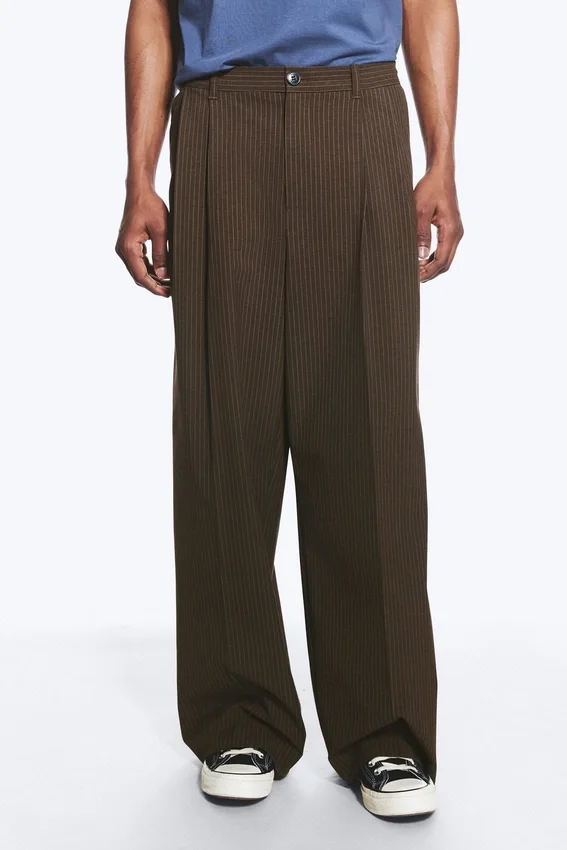 Nate Baggy Fit Pleated Suit Trousers – Brown Pinstripe Nate Baggy Fit Pleated Suit Trousers – Brown Pinstripe