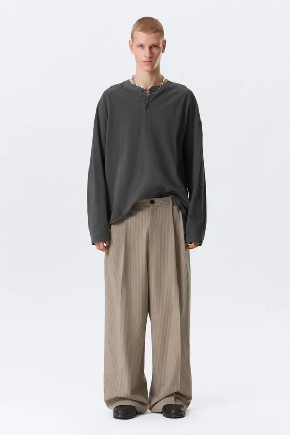 Nate Baggy Fit Pleated Suit Trousers – Pinstriped Beige Melange Nate Baggy Fit Pleated Suit Trousers – Pinstriped Beige Melange