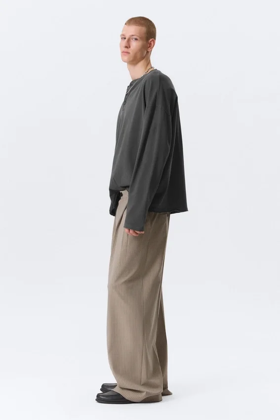 Nate Baggy Fit Pleated Suit Trousers – Pinstriped Beige Melange Nate Baggy Fit Pleated Suit Trousers – Pinstriped Beige Melange