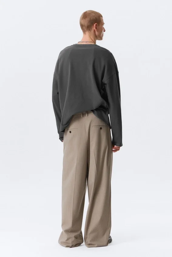 Nate Baggy Fit Pleated Suit Trousers – Pinstriped Beige Melange Nate Baggy Fit Pleated Suit Trousers – Pinstriped Beige Melange
