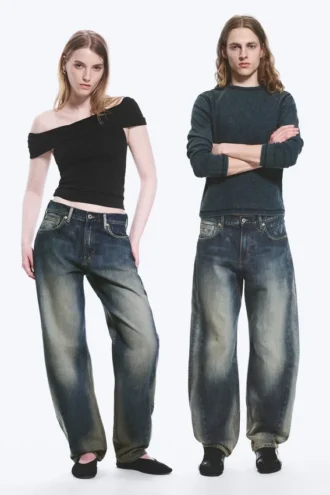 Nebula Mid Rise Loose Barrel Leg Unisex Jeans – Laser Blue – Medium Blue