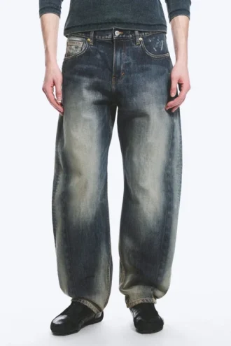 Nebula Mid Rise Loose Barrel Leg Unisex Jeans – Laser Blue – Medium Blue