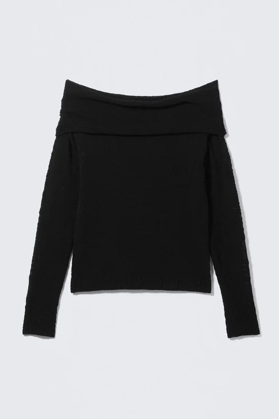 Off-Shoulder Knitted Sweater – Black Off-Shoulder Knitted Sweater – Black