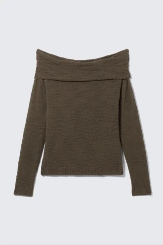 Off-Shoulder Knitted Sweater – Dark Brown