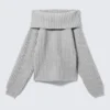 Off-Shoulder Ribbed Knitted Sweater – Grey Melange Off-Shoulder Ribbed Knitted Sweater – Grey Melange