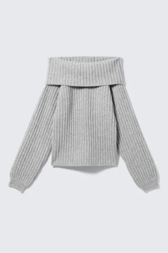 Off-Shoulder Ribbed Knitted Sweater – Grey Melange
