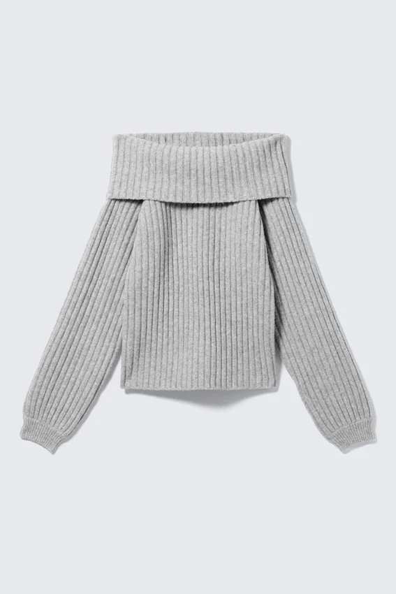 Off-Shoulder Ribbed Knitted Sweater – Grey Melange Off-Shoulder Ribbed Knitted Sweater – Grey Melange