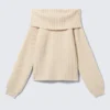 Off-Shoulder Ribbed Knitted Sweater – Light Beige Off-Shoulder Ribbed Knitted Sweater – Light Beige