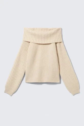 Off-Shoulder Ribbed Knitted Sweater – Light Beige