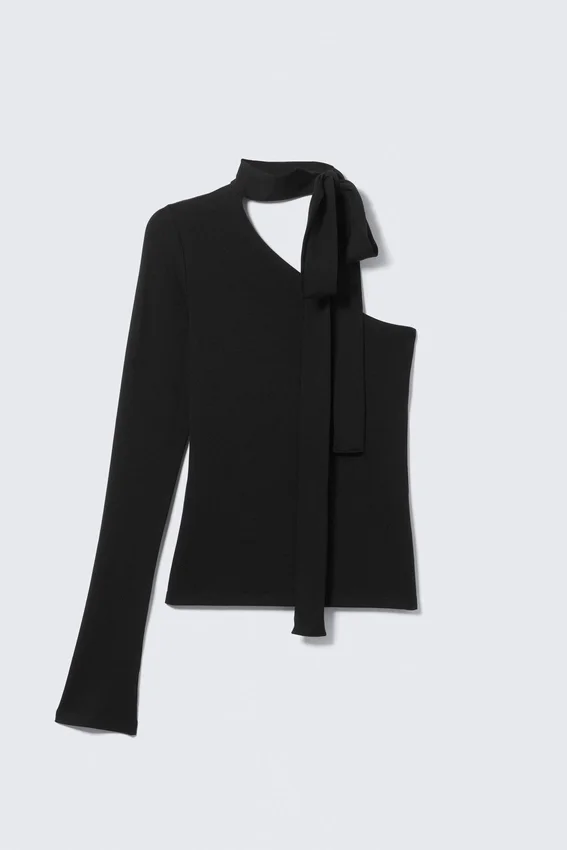 One-Shoulder Long-Sleeved Tie Top – Black One-Shoulder Long-Sleeved Tie Top – Black