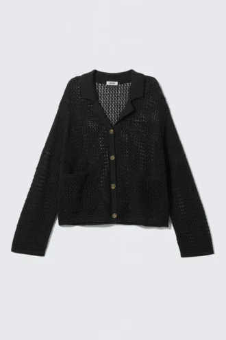 Open-Knit Button-Up Cardigan – Black