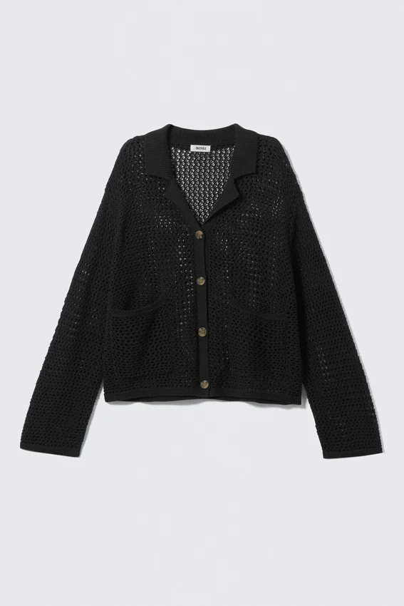 Open-Knit Button-Up Cardigan – Black Open-Knit Button-Up Cardigan – Black