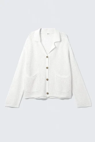 Open-Knit Button-Up Cardigan – Dusty White
