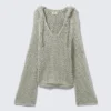 Open-Knit Hooded Sweater – Light Khaki Green Open-Knit Hooded Sweater – Light Khaki Green