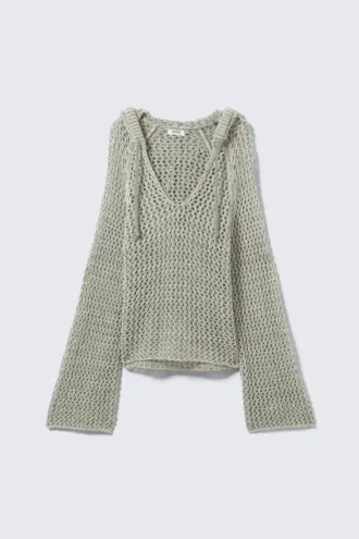 Open-Knit Hooded Sweater – Light Khaki Green
