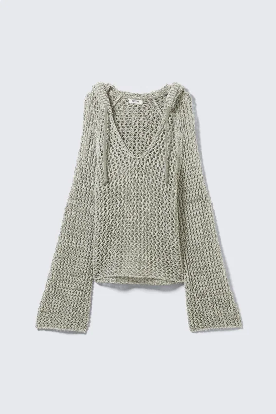 Open-Knit Hooded Sweater – Light Khaki Green Open-Knit Hooded Sweater – Light Khaki Green