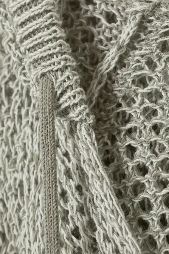 Open-Knit Hooded Sweater – Light Khaki Green Open-Knit Hooded Sweater – Light Khaki Green