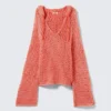 Open-Knit Hooded Sweater – Light Red Open-Knit Hooded Sweater – Light Red