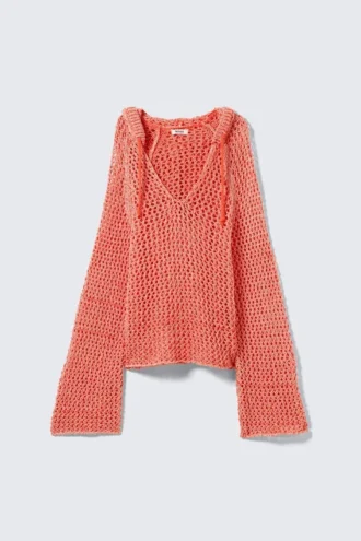 Open-Knit Hooded Sweater – Light Red