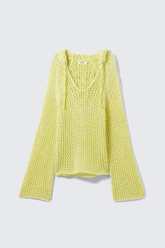 Open-Knit Hooded Sweater – Light Yellow