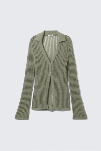 Open-Knit V-Neck Cardigan – Khaki Green