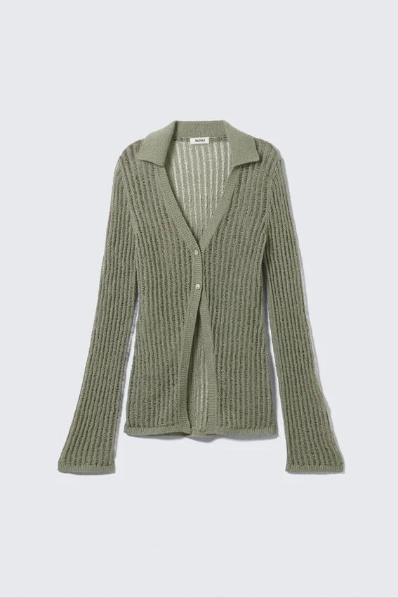 Open-Knit V-Neck Cardigan – Khaki Green Open-Knit V-Neck Cardigan – Khaki Green
