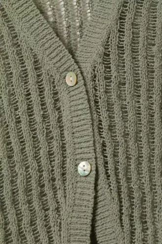 Open-Knit V-Neck Cardigan – Khaki Green