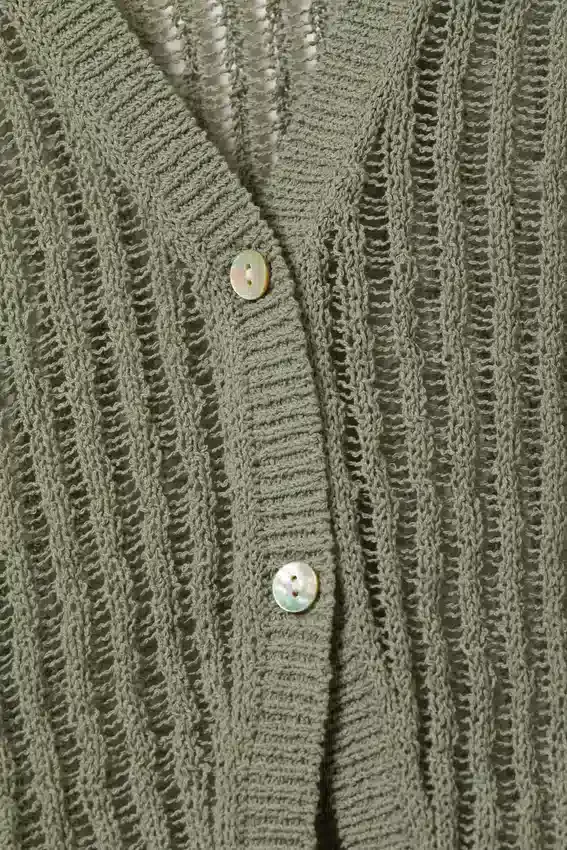 Open-Knit V-Neck Cardigan – Khaki Green Open-Knit V-Neck Cardigan – Khaki Green