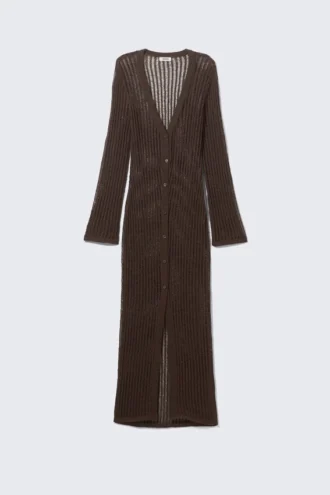 Open-Knit V-Neck Maxi Cardigan – Dark Brown