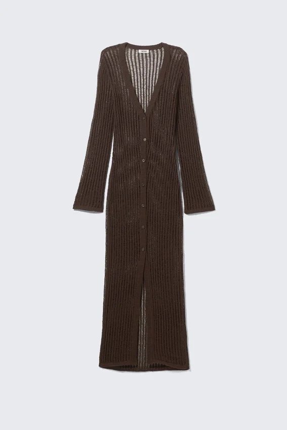 Open-Knit V-Neck Maxi Cardigan – Dark Brown Open-Knit V-Neck Maxi Cardigan – Dark Brown
