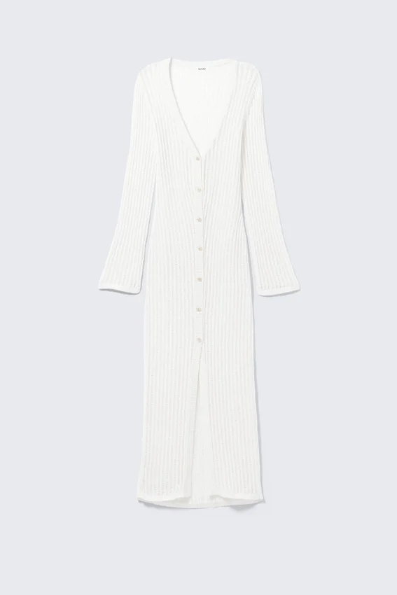 Open-Knit V-Neck Maxi Cardigan – White Open-Knit V-Neck Maxi Cardigan – White