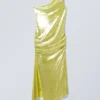 Overlap Draped Asymmetric Midi Dress – Shiny Yellow Overlap Draped Asymmetric Midi Dress – Shiny Yellow