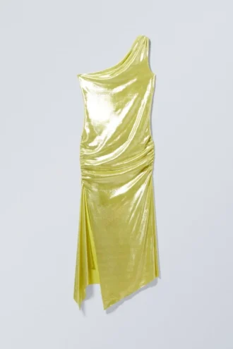 Overlap Draped Asymmetric Midi Dress – Shiny Yellow