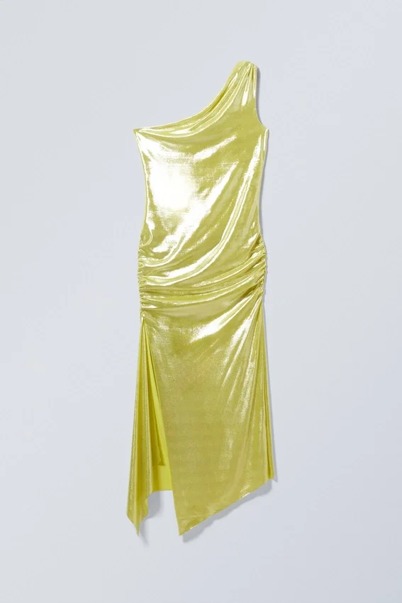 Overlap Draped Asymmetric Midi Dress – Shiny Yellow Overlap Draped Asymmetric Midi Dress – Shiny Yellow