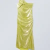 Overlap Draped Asymmetric Midi Dress – Shiny Yellow Overlap Draped Asymmetric Midi Dress – Shiny Yellow