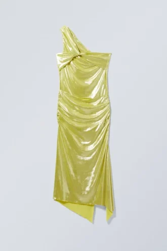Overlap Draped Asymmetric Midi Dress – Shiny Yellow